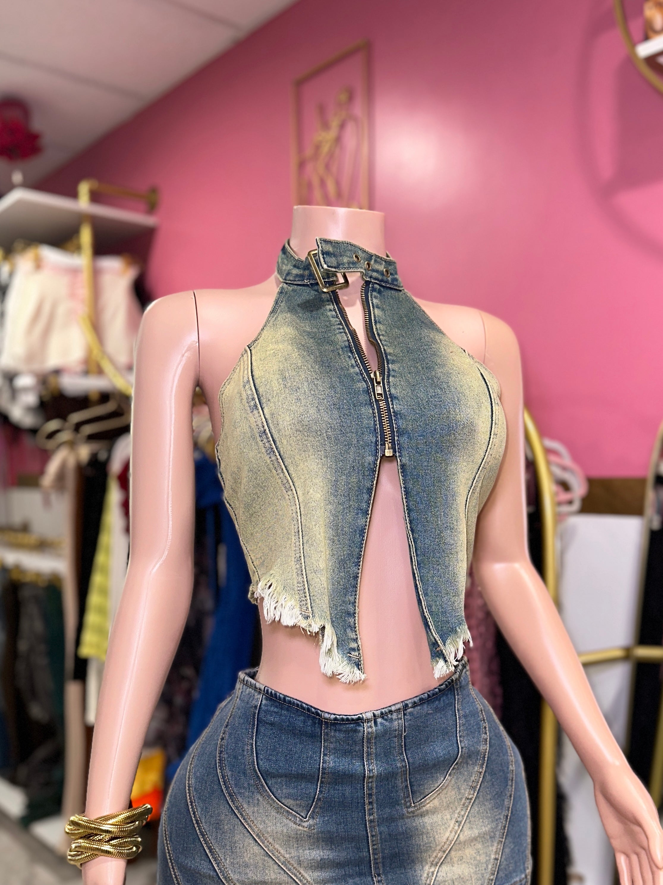 RETRO RISE HALTER DENIM TOP