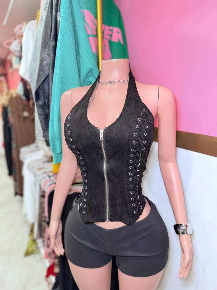 Suede Lace Up Zipper Halter Top