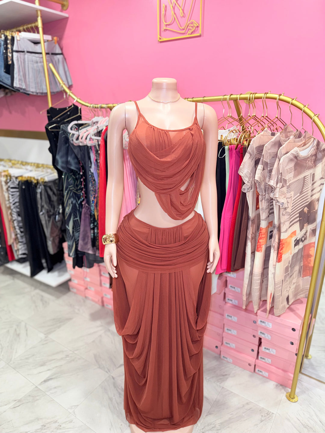 Upscale Draped Mesh Dress