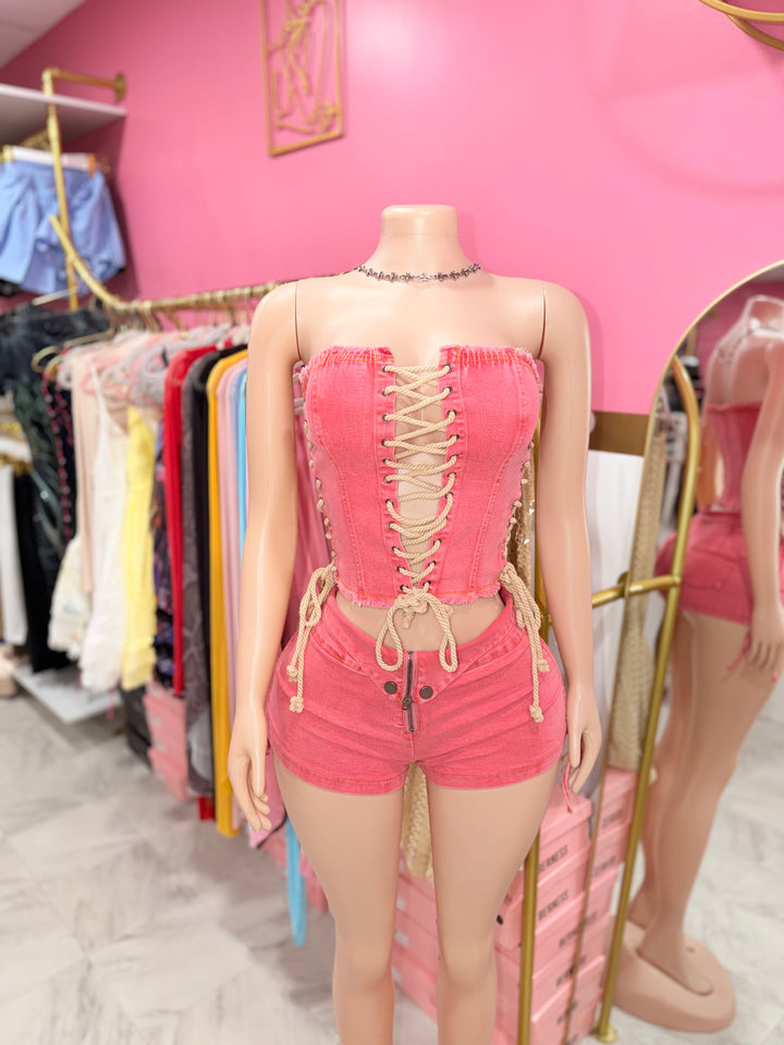 Pink Print Denim Short Set