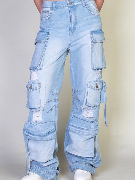 Distressed Denim Cargo Jeans