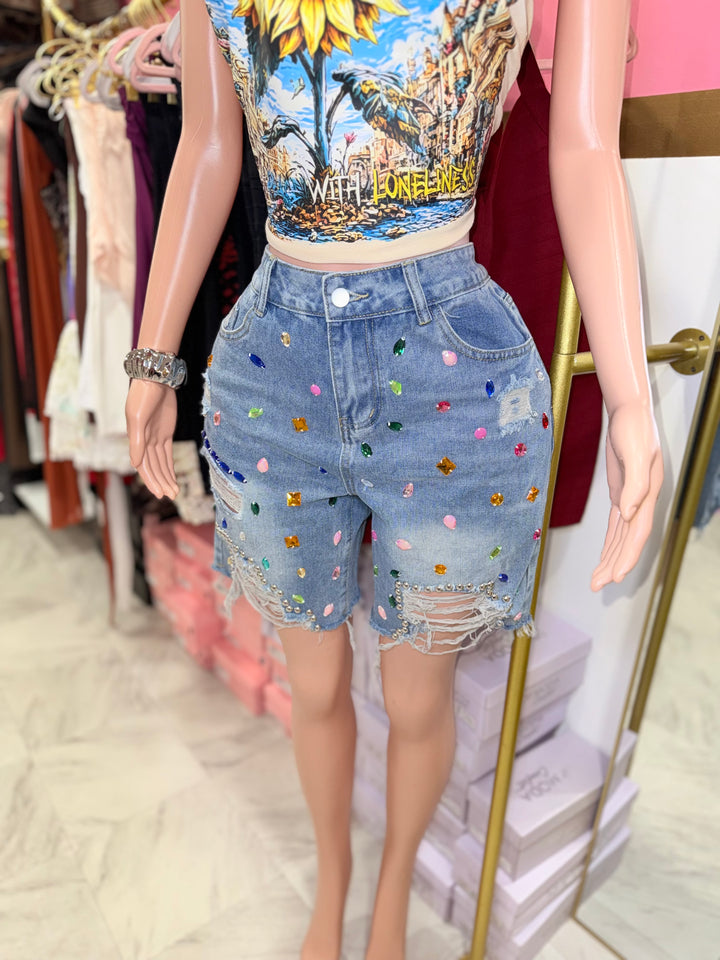 Denim Multicolor Jeweled Jorts Size Small