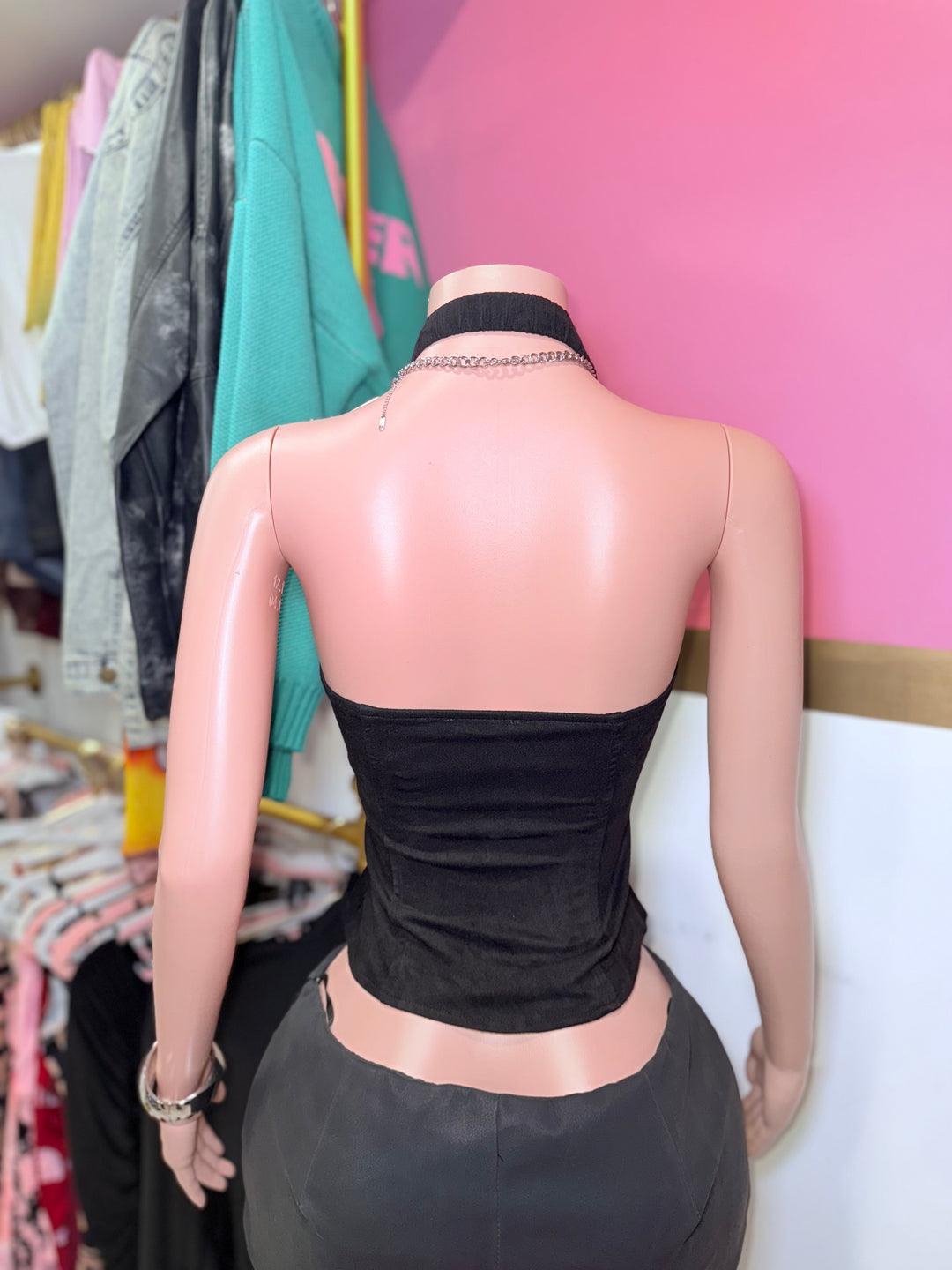 Suede Lace Up Zipper Halter Top