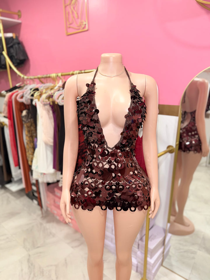 Bronze SEQUIN CROCHET MINI DRESS