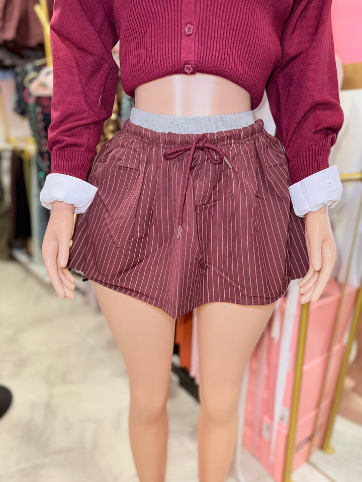Burgundy Pleated Stripe Skort