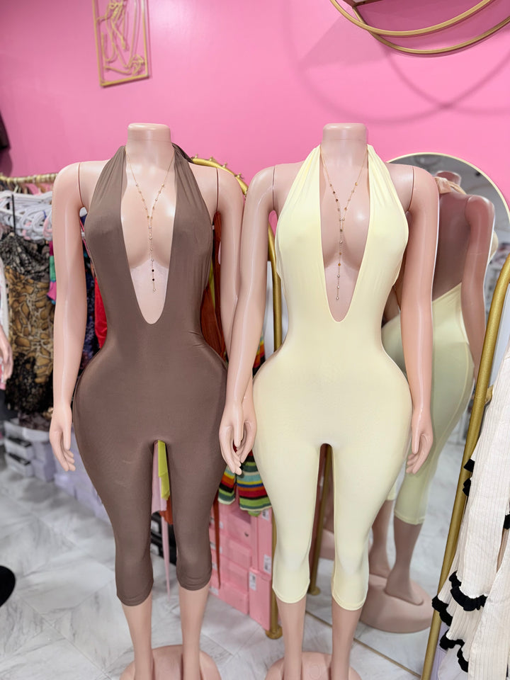 Deep V Halter Capri Jumpsuit