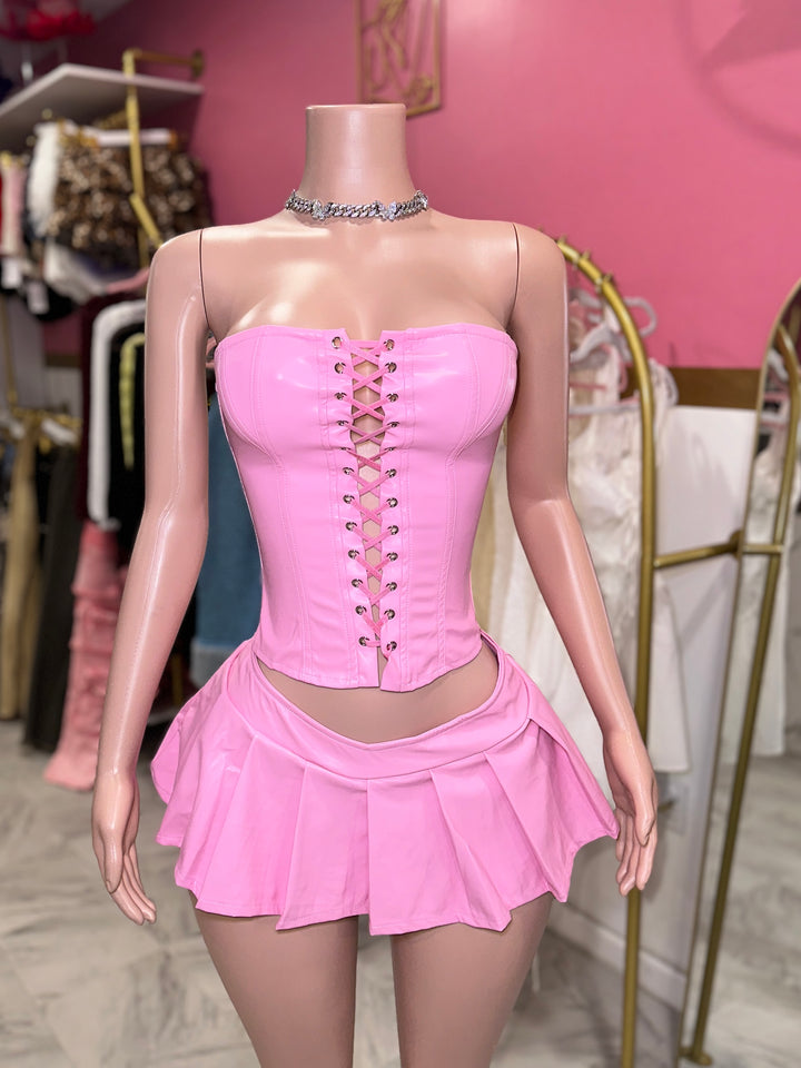 Leather Baddie Corset Skirt Set (Pink)