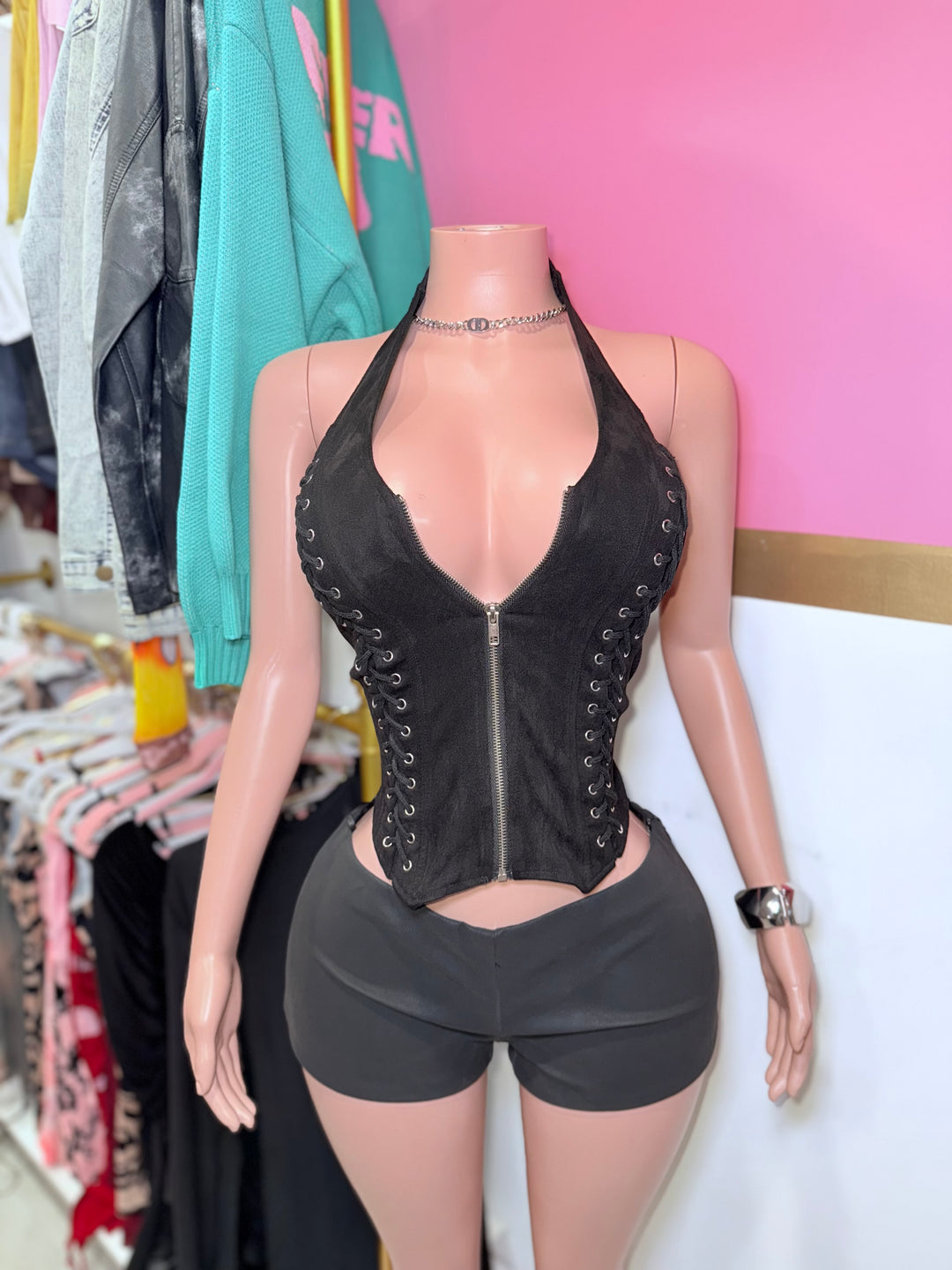 Suede Lace Up Zipper Halter Top
