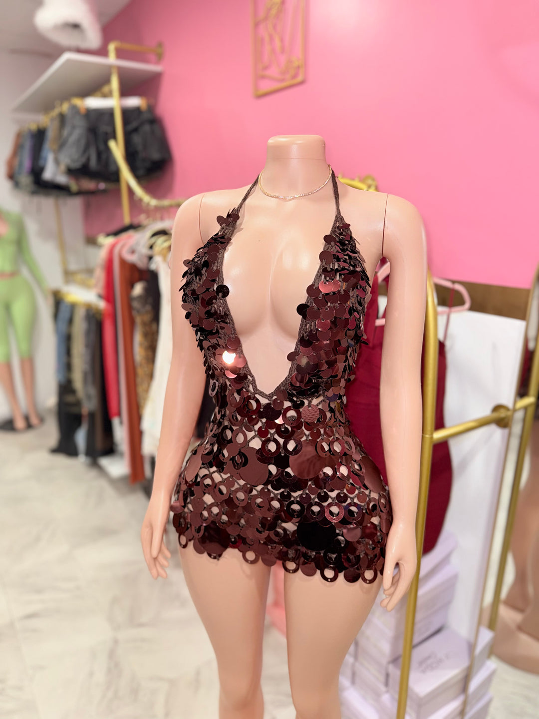 Bronze SEQUIN CROCHET MINI DRESS