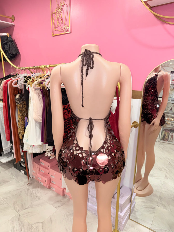 Bronze SEQUIN CROCHET MINI DRESS