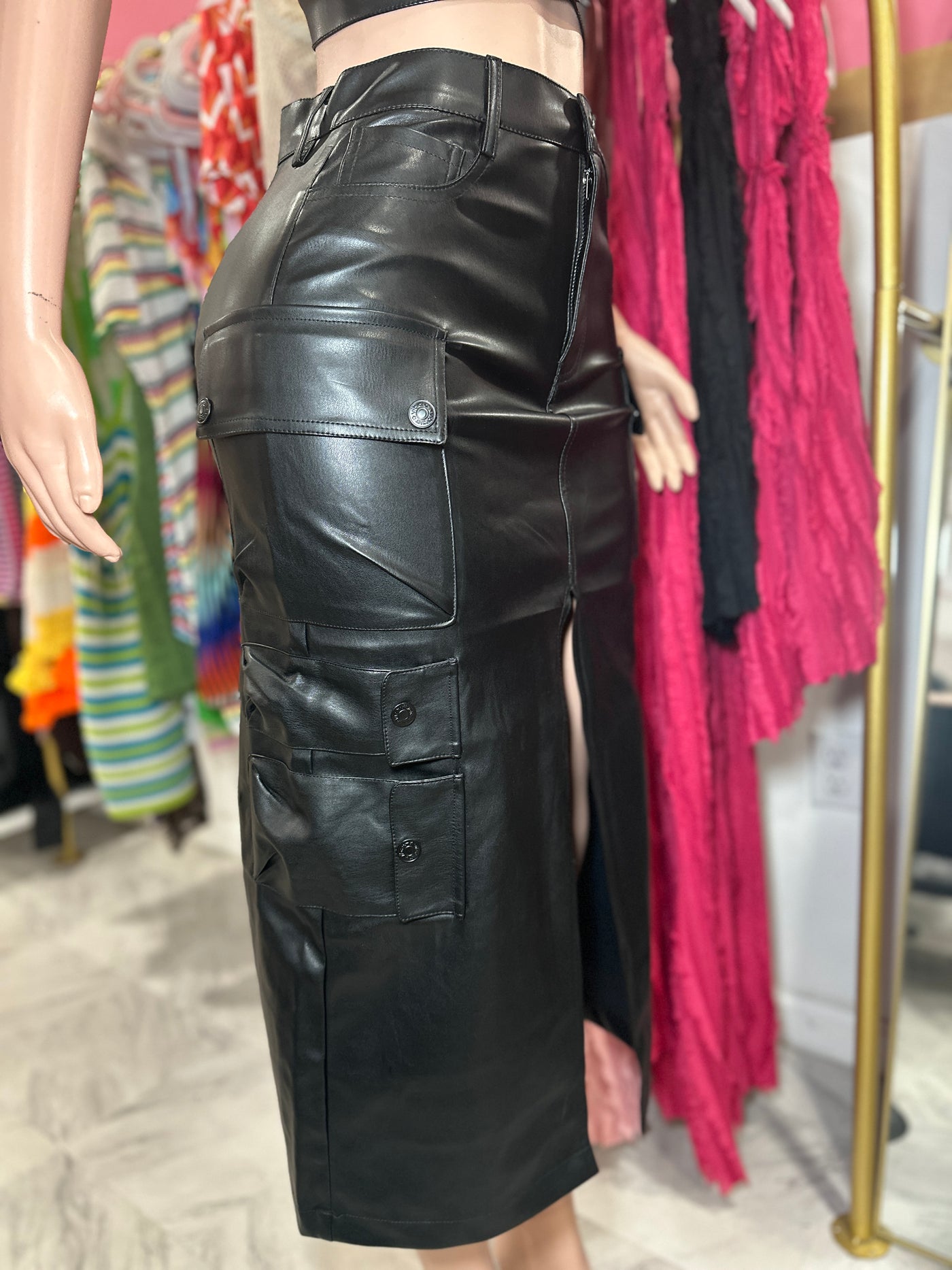 Vegan Leather Cargo Skirt