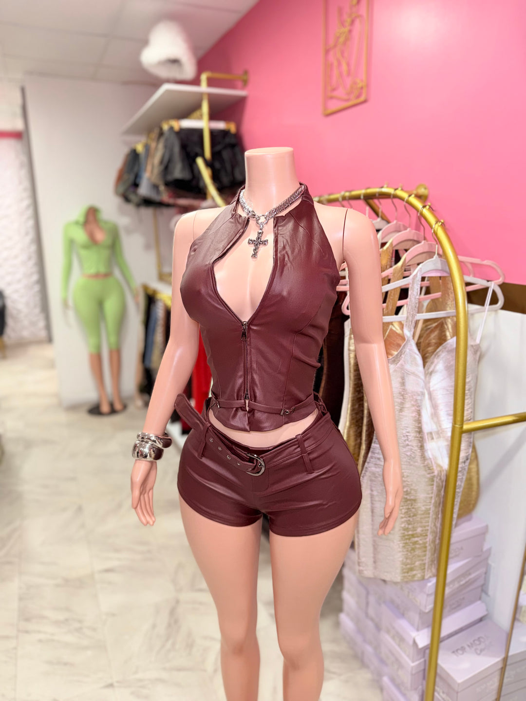 Wine Leather Short Set