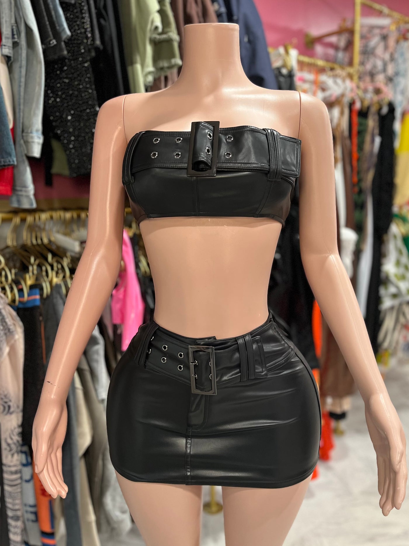 Leather Belted Skirt Set