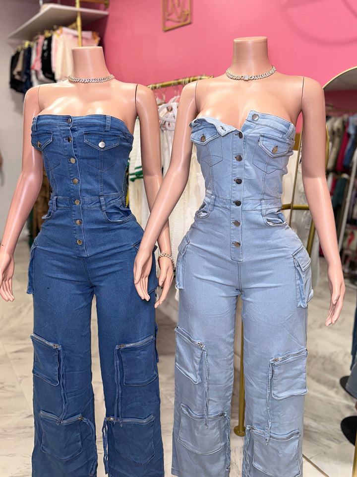 Stretchy Denim Cargo Jumpsuit