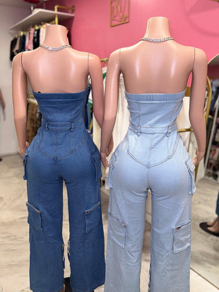 Stretchy Denim Cargo Jumpsuit