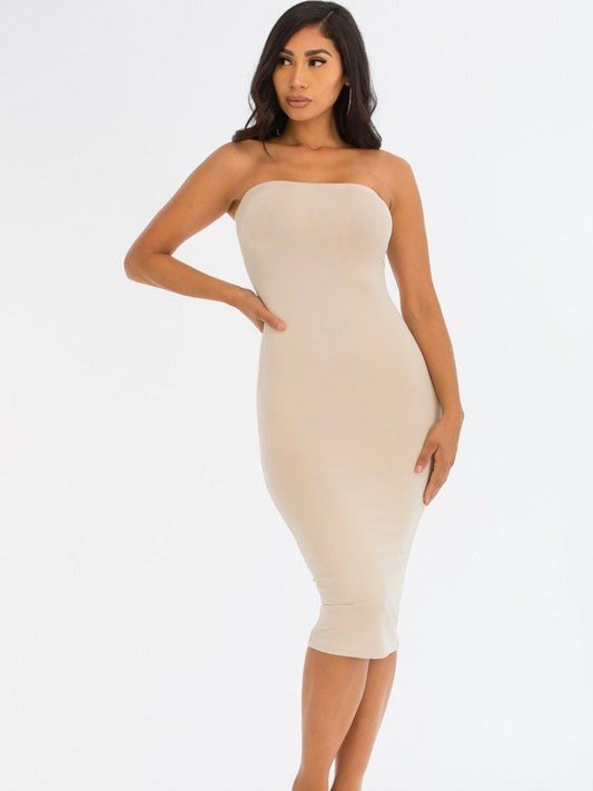 Solid Strapless Tube Bodycon Midi Dress