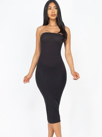 Solid Strapless Tube Bodycon Midi Dress