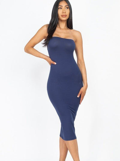 Solid Strapless Tube Bodycon Midi Dress